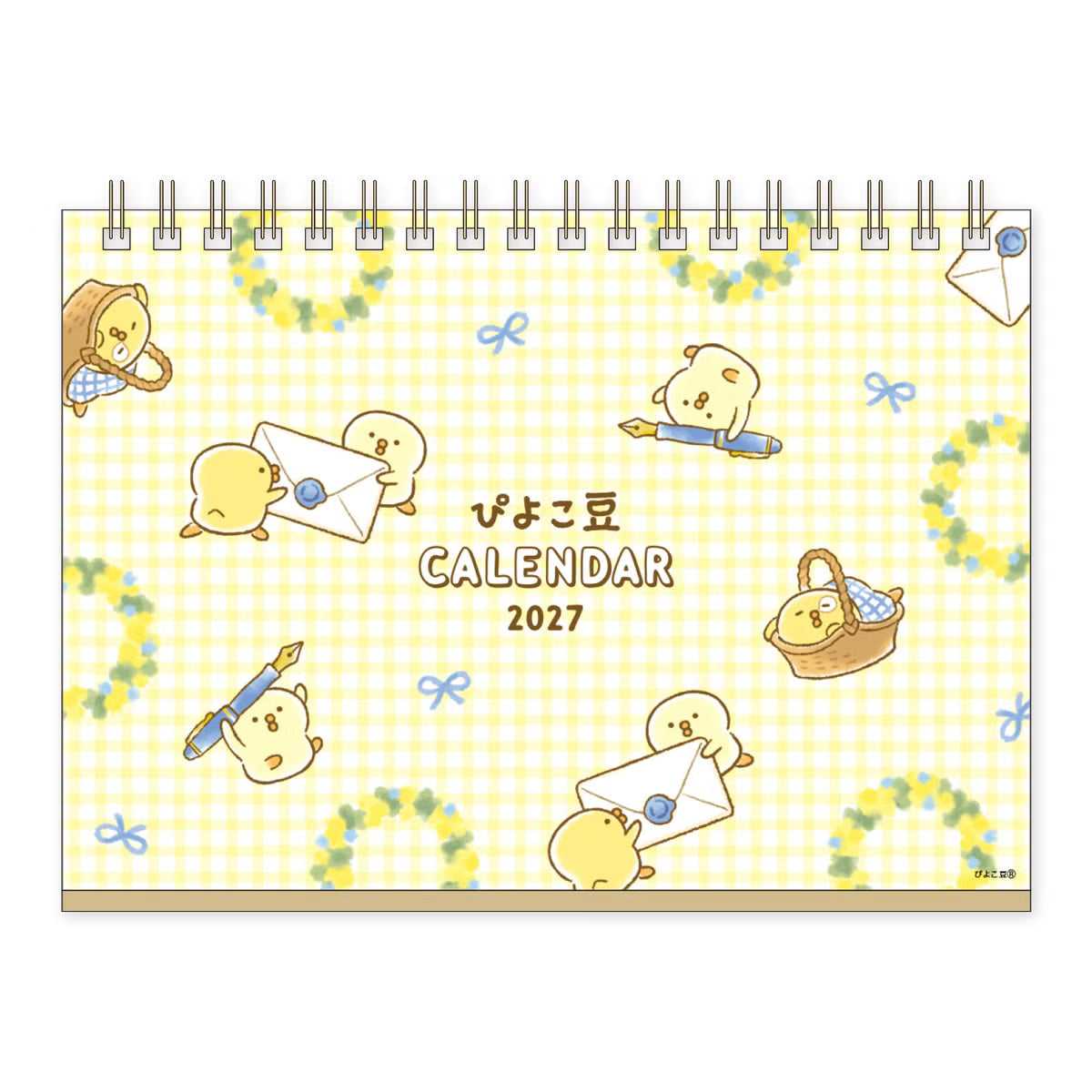 A 2027 desk calendar featuring the Sanrio character Ppyoko on a pale yellow and white gingham background. The cover shows Ppyoko in various cute poses with envelopes, a pen, a basket, and wreaths, with the text 'PIYOKO CALENDAR 2027' in the center.