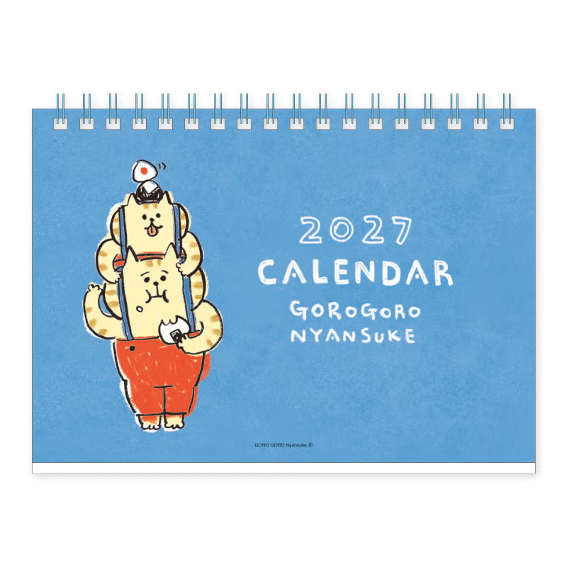 A 2027 desk calendar featuring a blue cover with a cartoon cat character and the text '2027 CALENDAR GOROGORO NYANSUKE'.